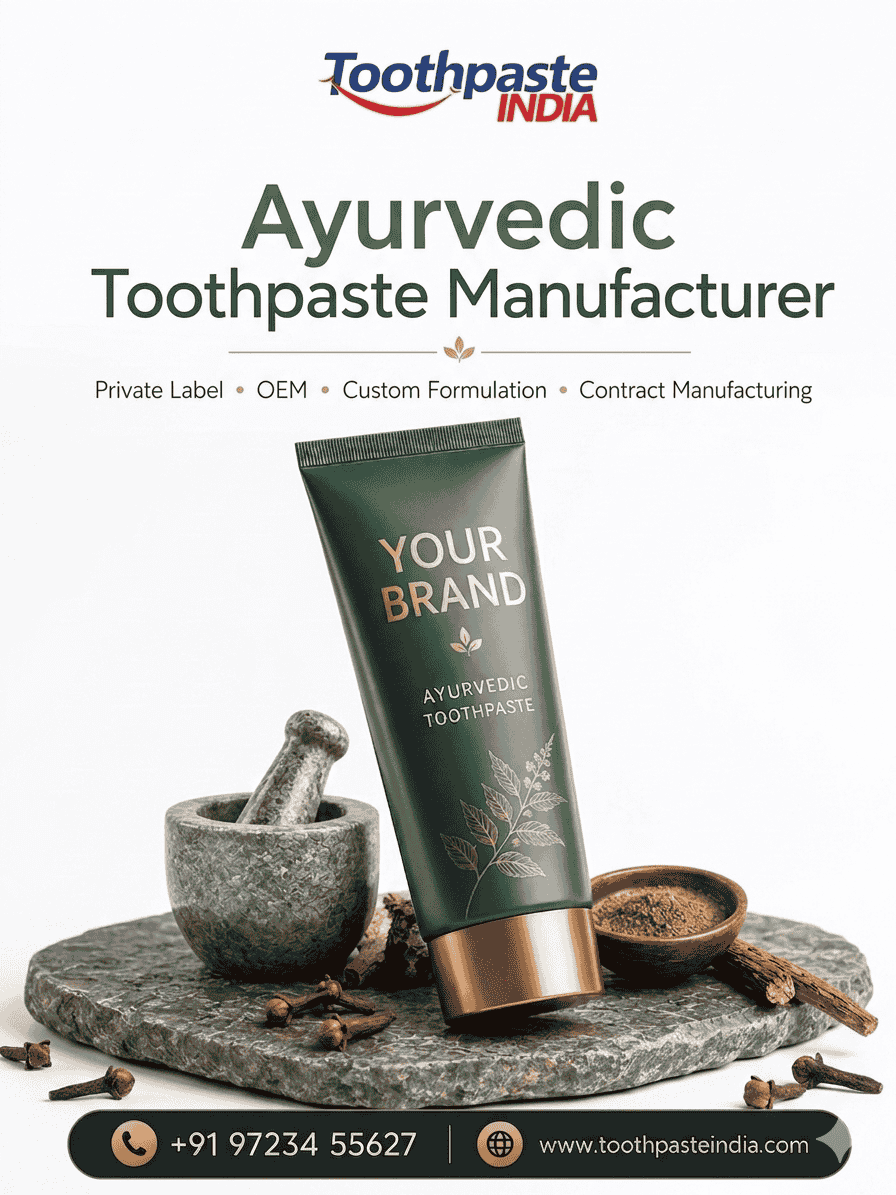 Best ayurvedic toothpaste manufacturer offering ayurveda gum care toothpaste, best ayurvedic paste for teeth, best ayurvedic toothpaste for sensitive teeth, private label toothpaste, third party toothpaste, white label toothpaste, and contract manufacturing.