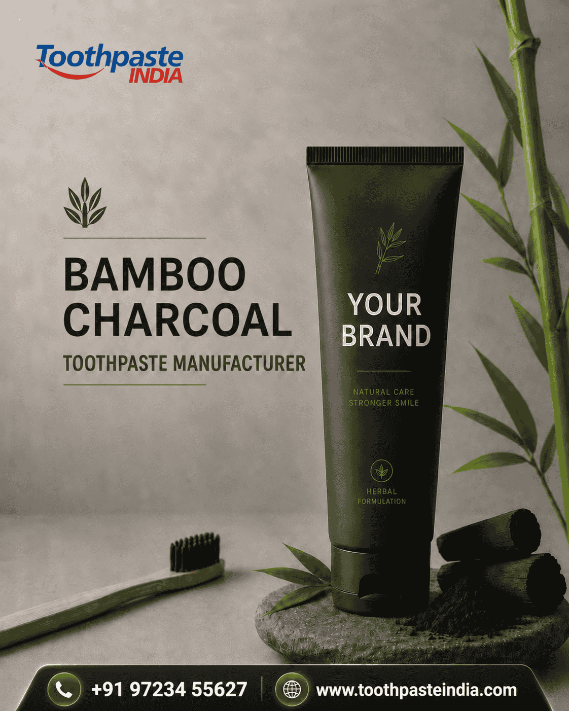 Bamboo charcoal toothpaste manufacturer offering bamboo charcoal teeth whitening toothpaste, bamboo charcoal deep clean white toothpaste, and private label manufacturing solutions in India.