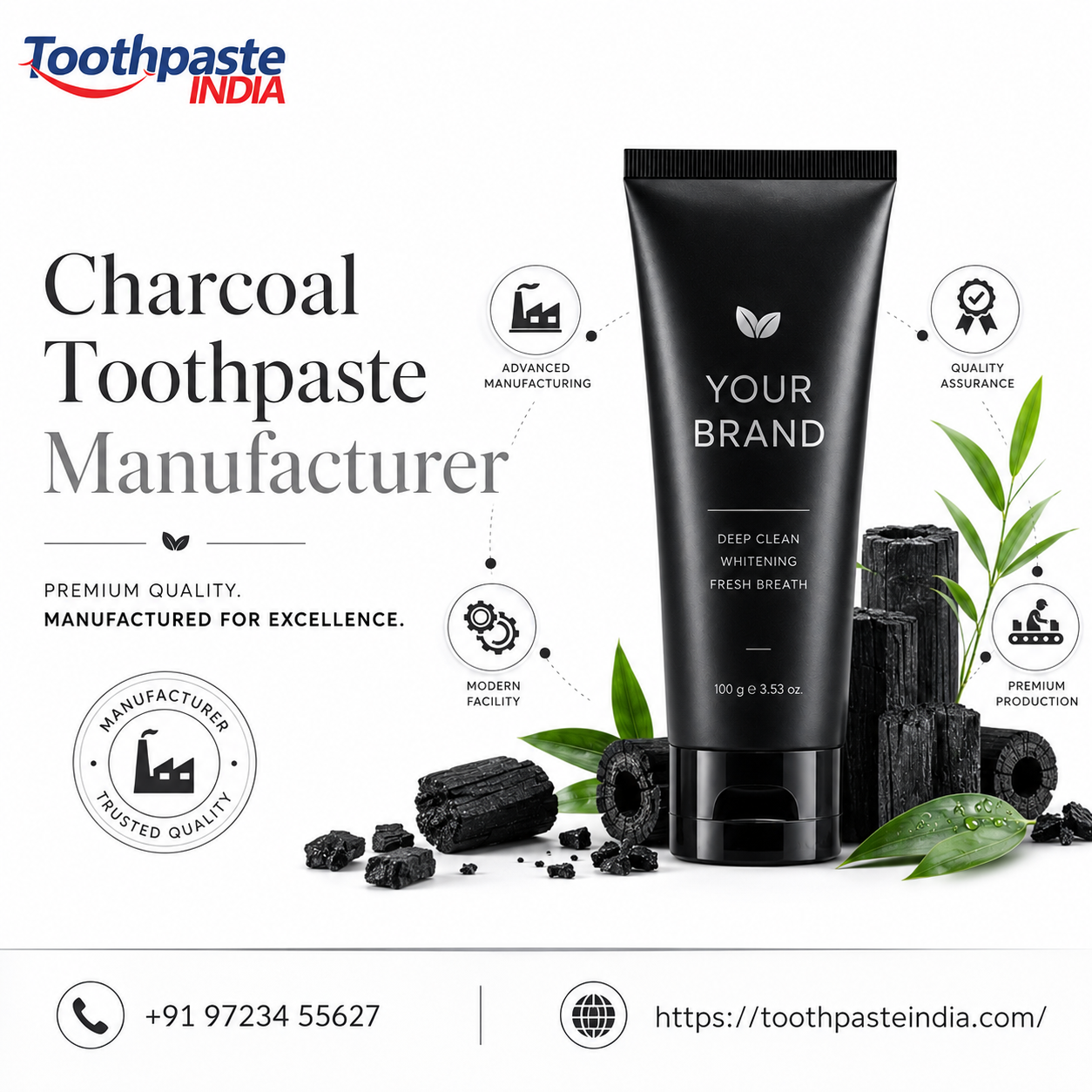 Charcoal toothpaste manufacturer offering charcoal teeth whitening toothpaste & private label manufacturing solutions in India.