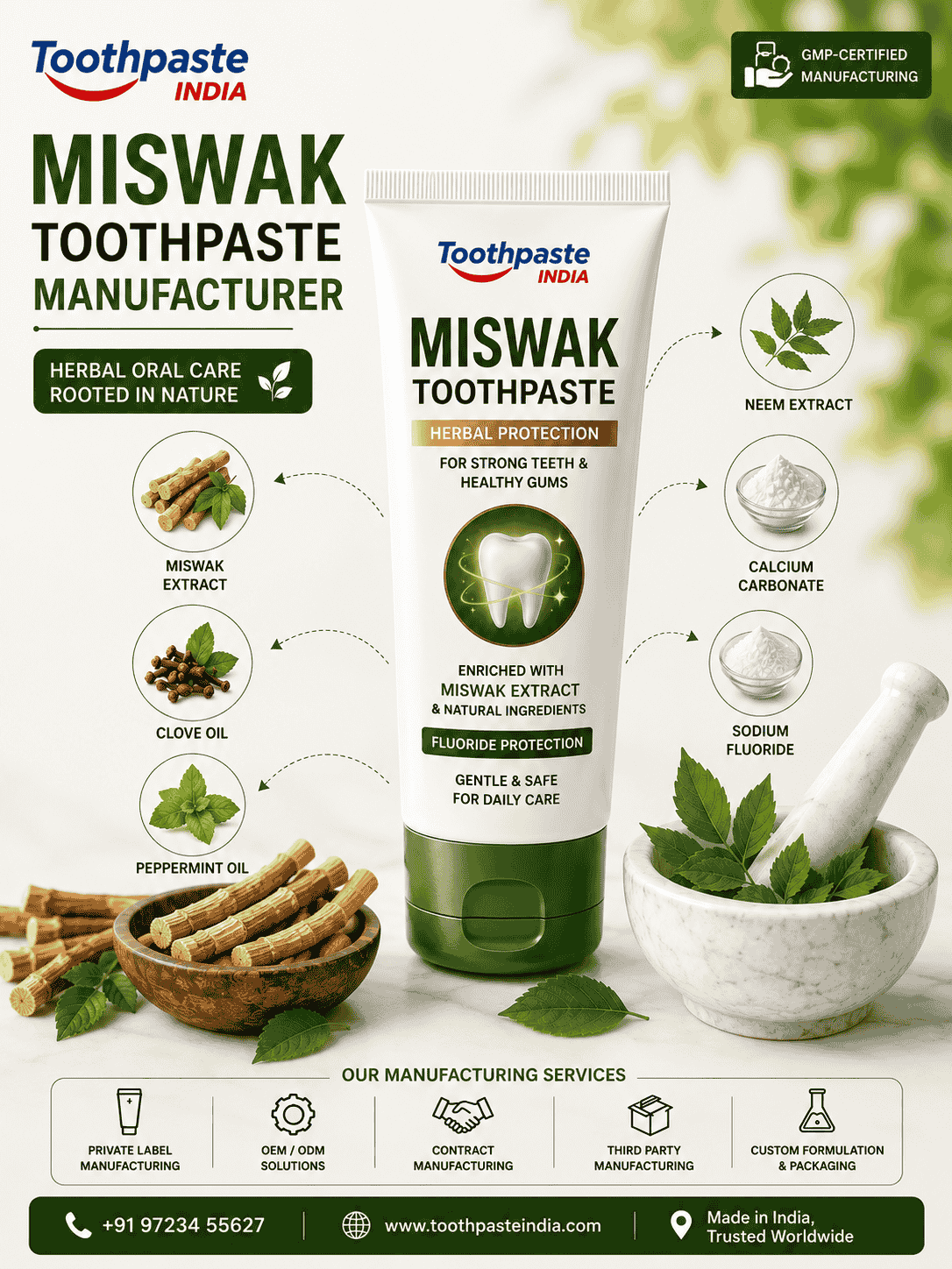 Miswak toothpaste manufacturer with miswak herbal toothpaste and private label miswak toothpaste manufacturer solutions.