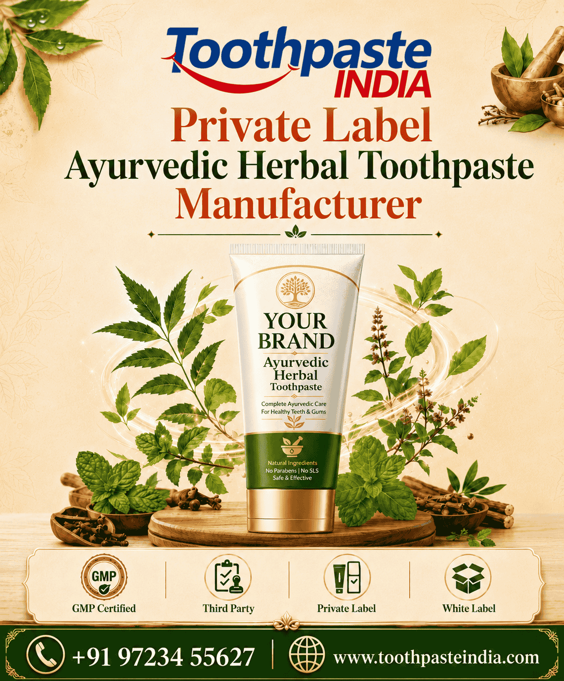 Private label ayurvedic herbal toothpaste manufacturer offering ayurvedic herbal toothpaste fresh mint, ayurvedic natural toothpaste, ayurvedic organic toothpaste, third party, white label, and contract manufacturing.