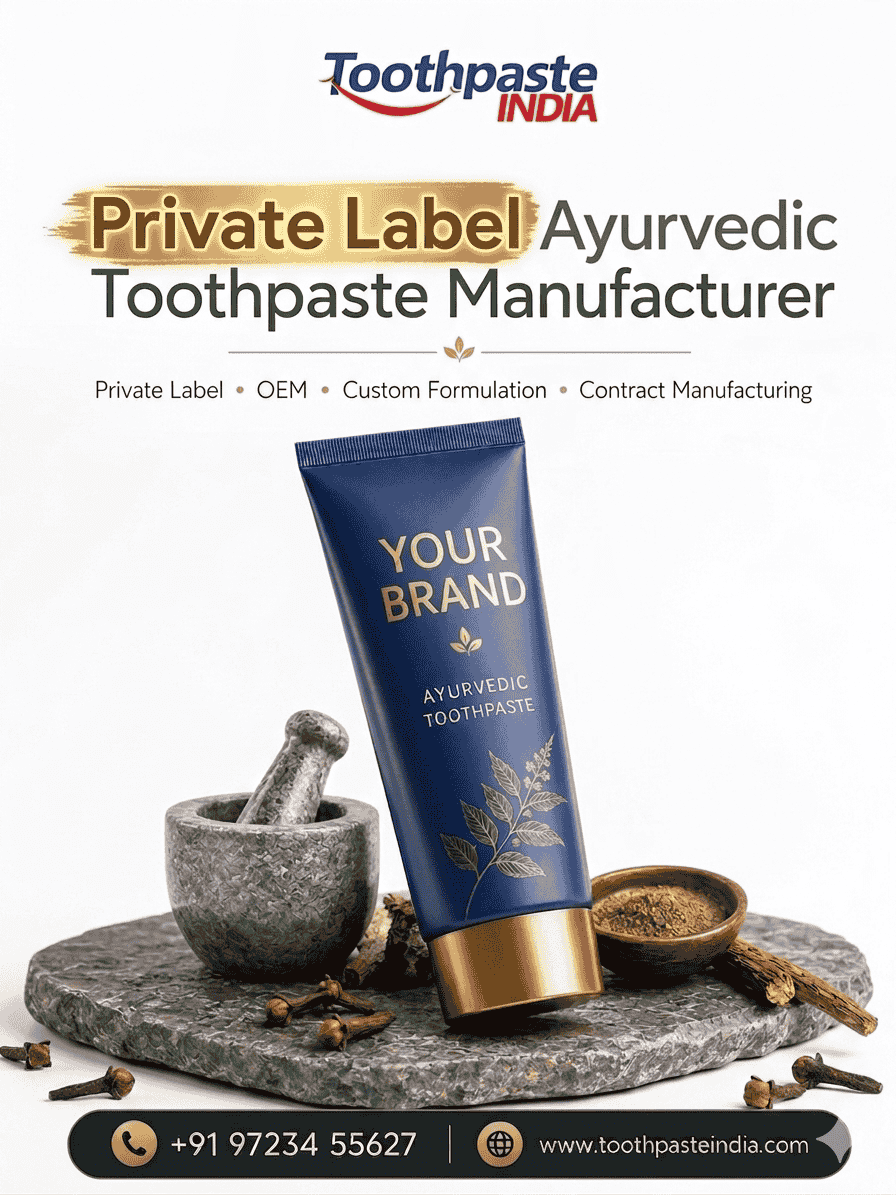 Best private label ayurvedic toothpaste manufacturer offering best ayurvedic paste for teeth, third party toothpaste, white label toothpaste, and contract manufacturing.