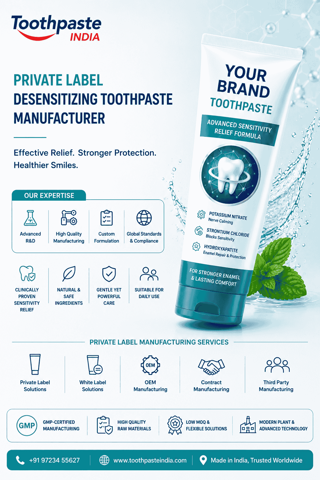 Private label desensitizing toothpaste manufacturer with GMP-certified desensitizing toothpaste manufacturing and prescription desensitizing toothpaste solutions.
