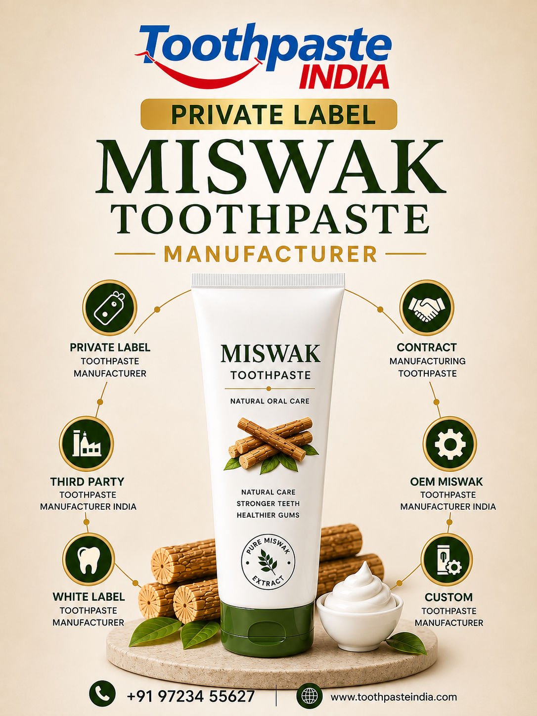 Private label miswak toothpaste manufacturer with natural miswak toothpaste ingredients and white label toothpaste manufacturer services in India