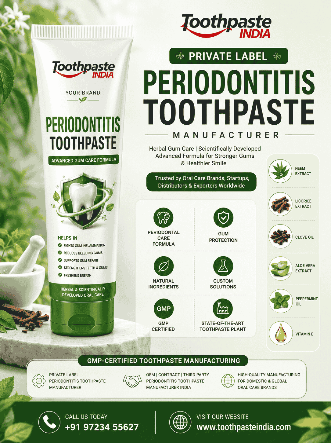 Periodontitis Toothpaste Manufacturer with private label anti gingivitis toothpaste and best toothpaste for enamel and gums by Toothpaste India.