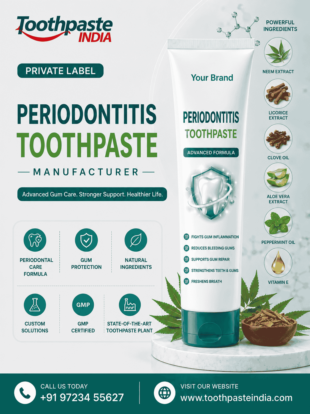 Private label periodontitis toothpaste manufacturer featuring toothpaste that helps periodontitis and supports bleeding gums with advanced gum care formula.