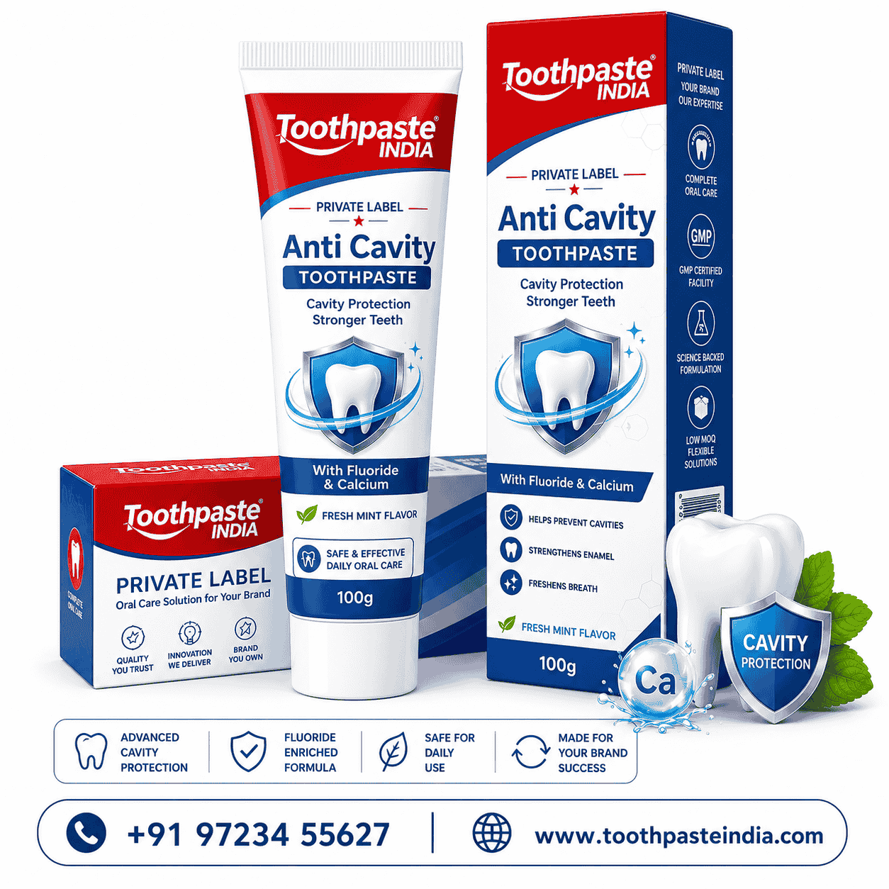 Private label cavity repair toothpaste manufacturer in India showcasing anti cavity toothpaste with fluoride and calcium for enamel strengthening and oral care solutions