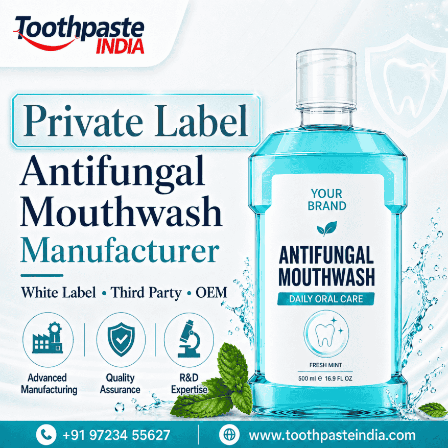 Private label antifungal mouthwash manufacturer offering GMP-certified antifungal mouth rinse for thrush and oral fungal infection care.