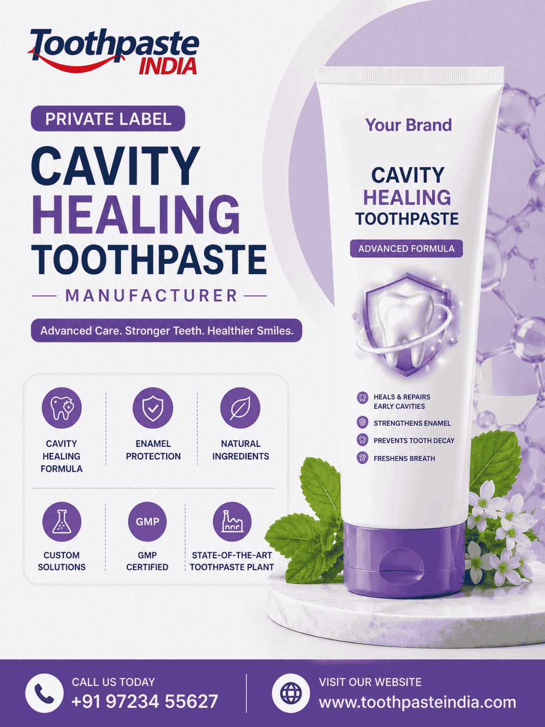 Private label cavity healing toothpaste manufacturer by Toothpaste India featuring GMP-certified toothpaste manufacturing and natural toothpaste that heals cavities.