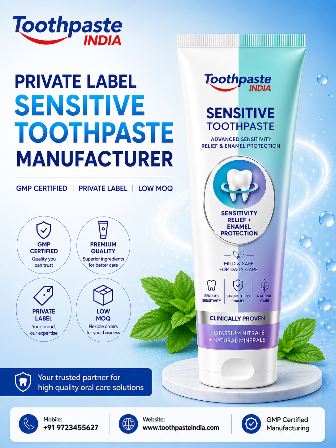 Best private label sensitive toothpaste manufacturer with dentist recommended toothpaste for sensitive teeth and custom sensitive toothpaste manufacturer solutions.