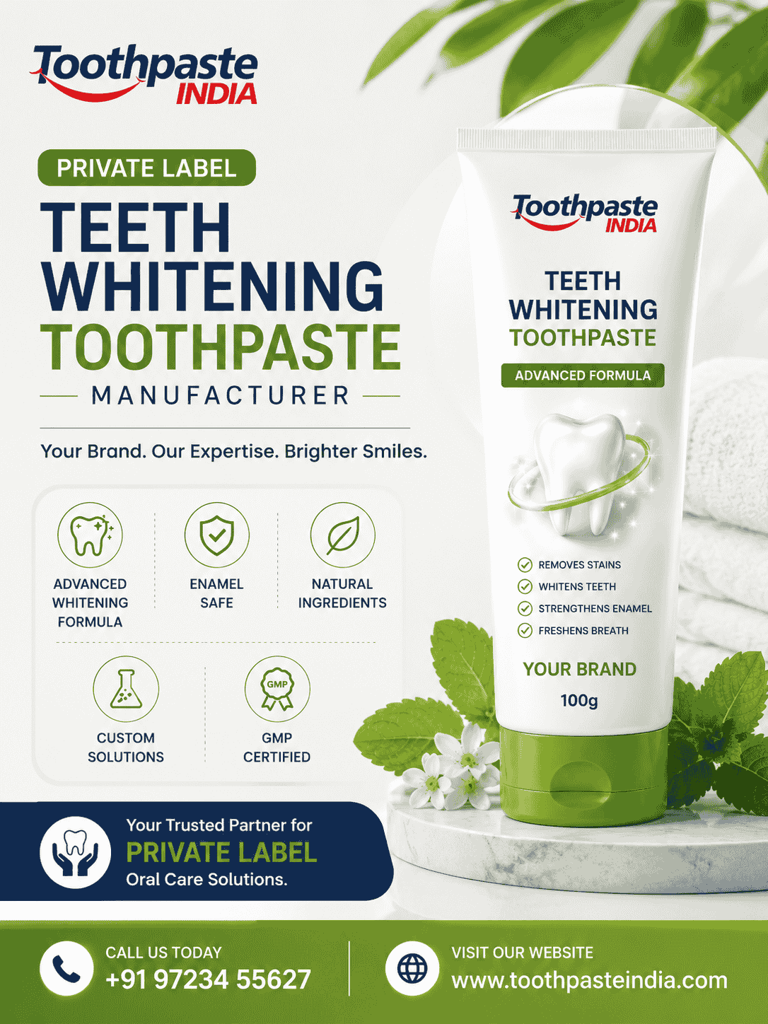 Private label teeth whitening toothpaste manufacturer by Toothpaste India featuring brightening toothpaste packaging with advanced whitening formula and custom oral care solutions.