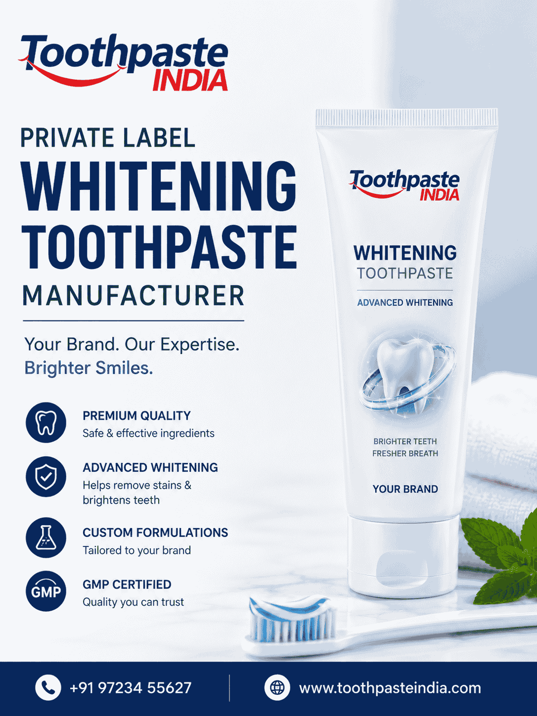 Private Label Whitening Toothpaste Manufacturer by Toothpaste India with whitening toothpaste tube.