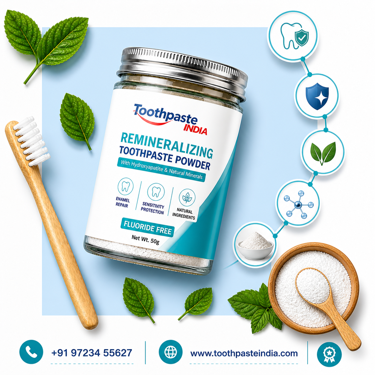 remineralizing toothpaste powder jar with natural ingredient icons hydroxyapatite bentonite clay fluoride free Toothpaste India
