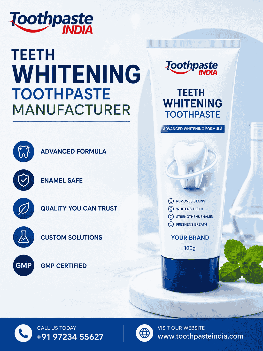 Teeth Whitening Toothpaste Manufacturer by Toothpaste India featuring whitening toothpaste tube