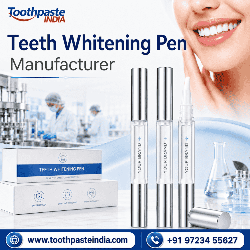 Teeth whitening pen manufacturer by Toothpaste India offering private label teeth whitening pen, whitening gel pen, and professional teeth brightening pen packaging.