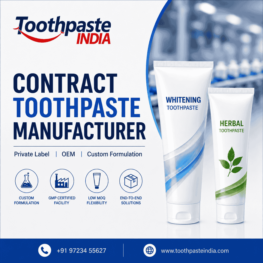 Contract toothpaste manufacturer in India offering custom toothpaste, private label, OEM, GMP certified bulk manufacturing and low MOQ support.