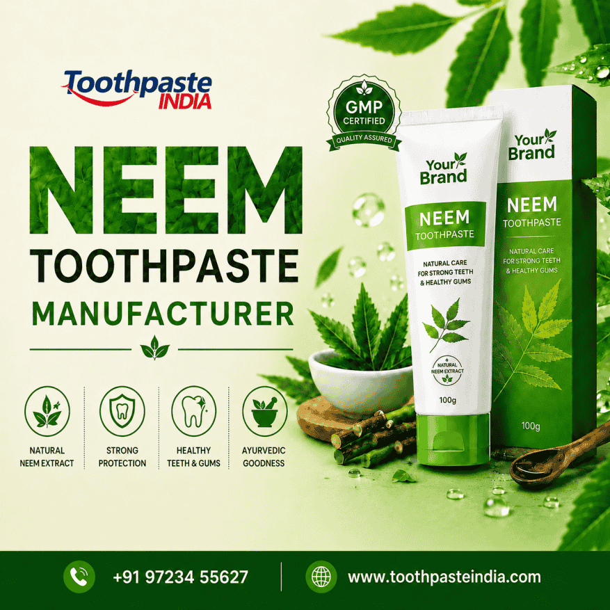 Neem toothpaste manufacturer in India by Toothpaste India offering private label neem toothpaste, OEM manufacturing, bulk supply, and GMP certified oral care support