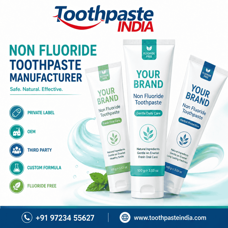 Non fluoride toothpaste manufacturer in India by Toothpaste India offering private label toothpaste with OEM, custom formulation, fluoride-free, and third party manufacturing support