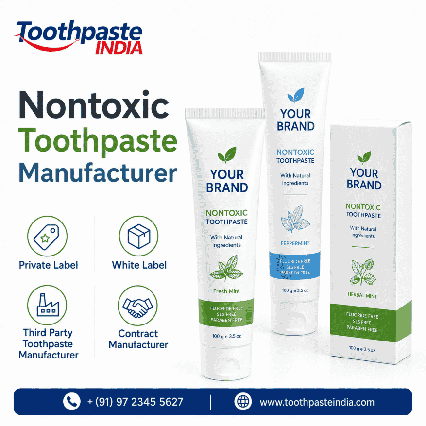 Nontoxic toothpaste manufacturer in India offering private label, OEM, kids, baby, whitening, sensitive, fluoride and fluoride-free toothpaste.