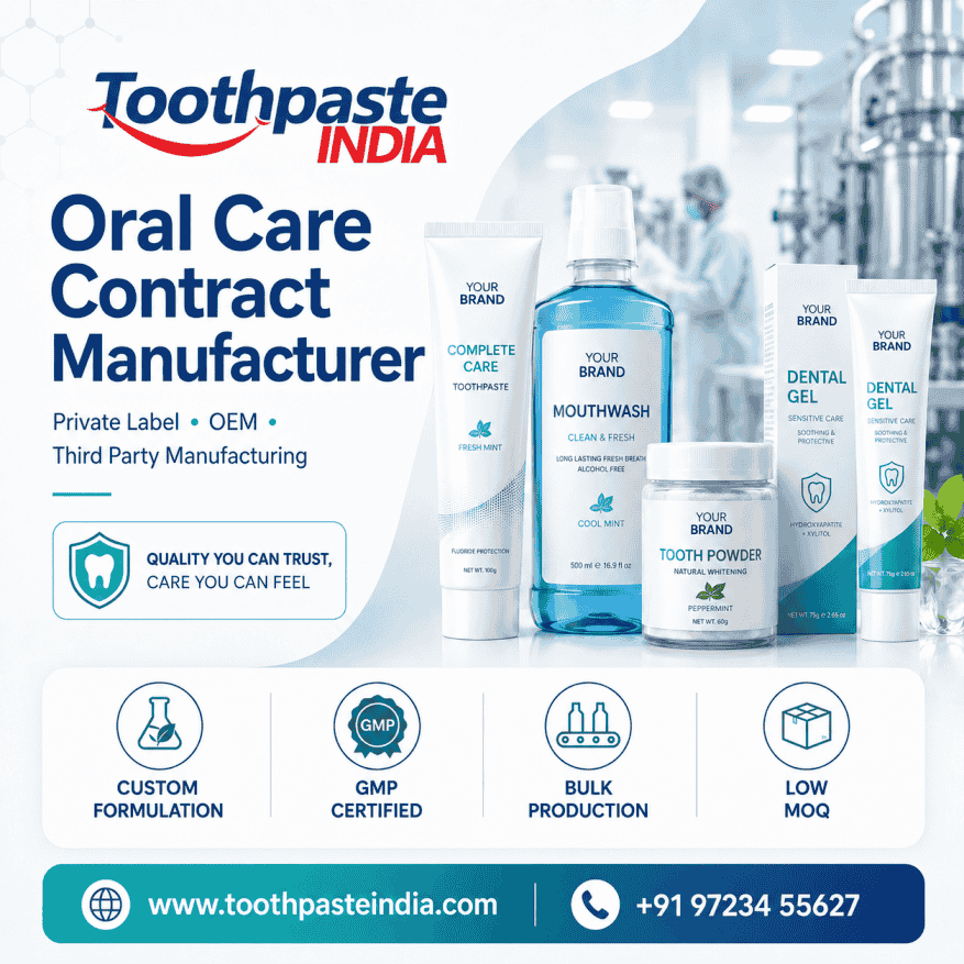 Oral care contract manufacturer banner by Toothpaste India showing toothpaste, mouthwash, tooth powder, and dental gel.
