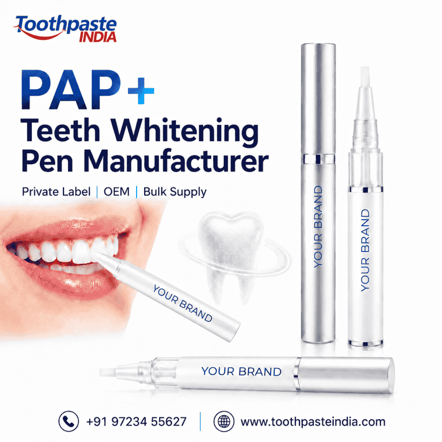 PAP+ Teeth Whitening Pen Manufacturer in India by Toothpaste India showing private label teeth whitening pen, dental whitening pen, PAP whitening pen, OEM manufacturing, and bulk supply support
