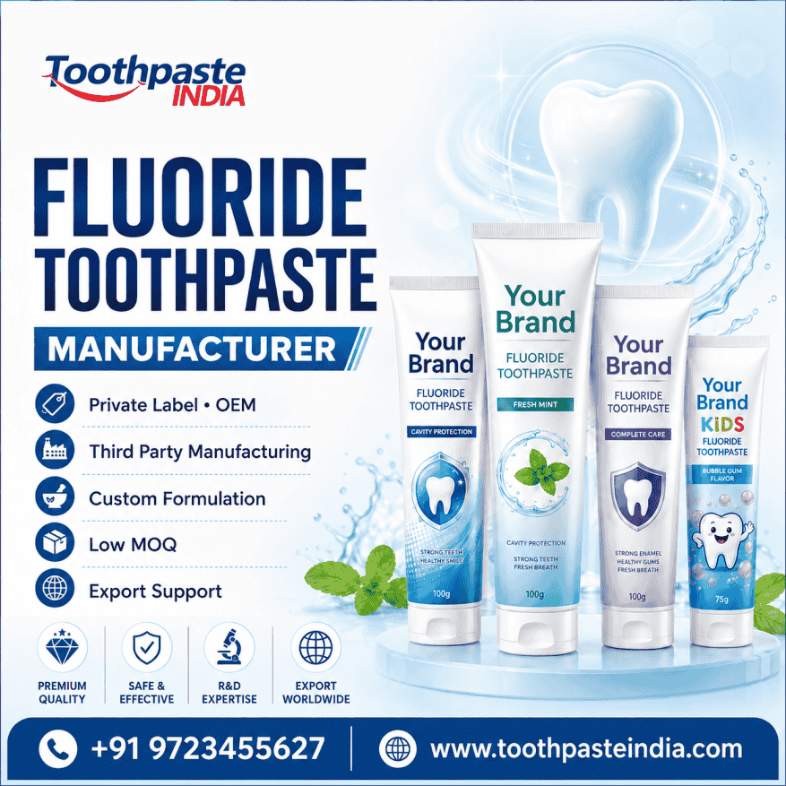 Private Label Fluoride Toothpaste Manufacturer in India Private Label Fluoride Toothpaste Manufacturer in India offering fluoride toothpaste, cavity protection toothpaste, sensitivity toothpaste, SLS free toothpaste with fluoride, OEM, third party and bulk supply.