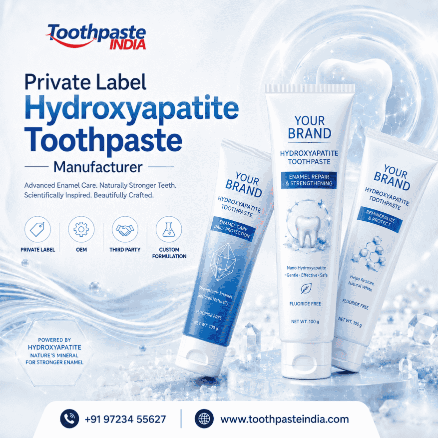 Private label hydroxyapatite toothpaste manufacturer in India by Toothpaste India offering custom branded nHAp toothpaste with nano hydroxyapatite formula, OEM support, third party manufacturing, and bulk supply