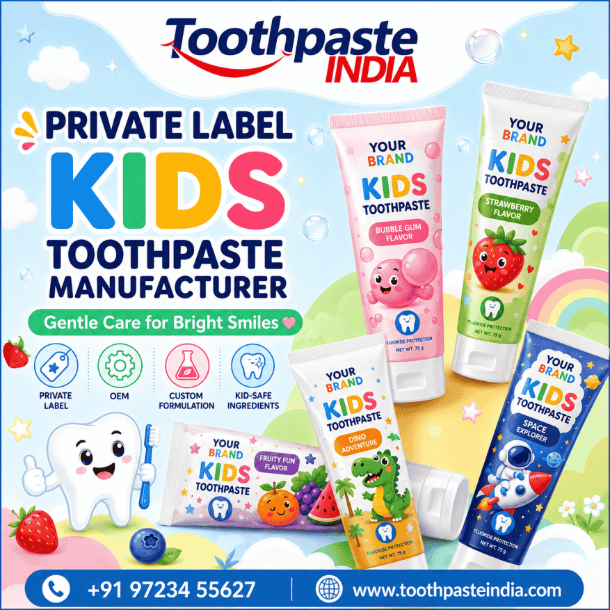 Private label kids toothpaste manufacturer by Toothpaste India showing multiple flavoured kids toothpaste, third party toothpaste and custom branding