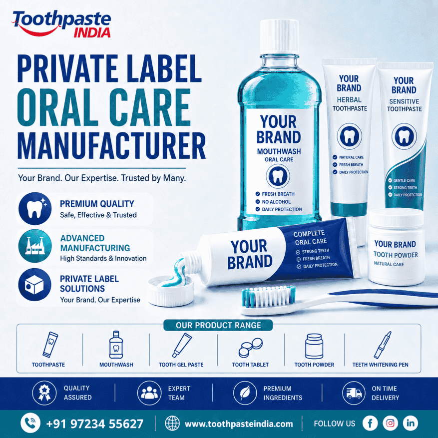 Private label oral care manufacturer by Toothpaste India with toothpaste, mouthwash, tooth powder, and custom branded oral care products