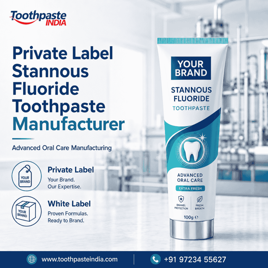 Private label stannous fluoride toothpaste manufacturer offering custom toothpaste packaging with private label and white label support by Toothpaste India.
