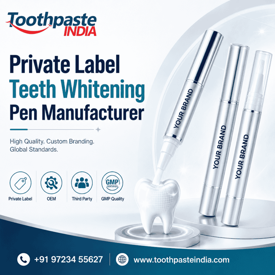 Private label teeth whitening pen manufacturer in India by Toothpaste India offering custom teeth whitening gel pen, PAP whitening pen, white label, third party manufacturing, GMP-certified production, and bulk supply