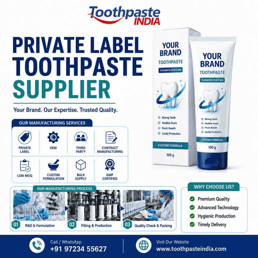 Private Label Toothpaste Supplier by Toothpaste India with custom toothpaste tube packaging, OEM, third party, GMP-certified manufacturing, and bulk supply support.