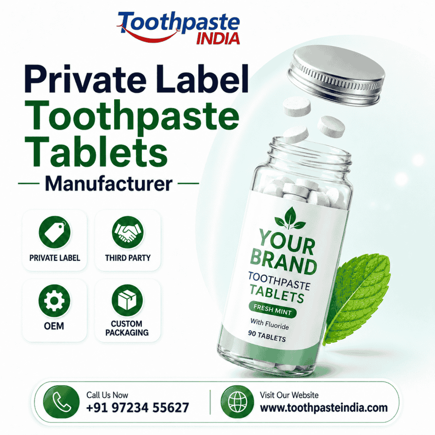 Private Label Toothpaste Tablets Manufacturer by Toothpaste India Private Label Toothpaste Tablets Manufacturer in India by Toothpaste India offering custom toothpaste tablet bottle packaging, third party support, OEM, and bulk supply