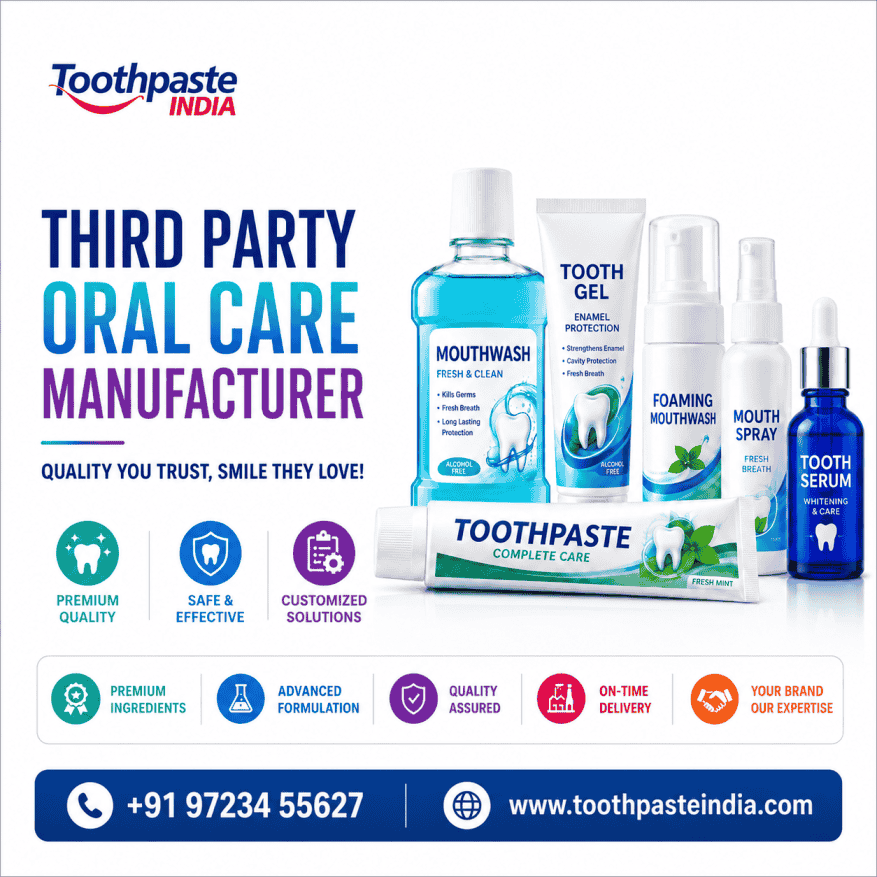 Third Party Oral Care Manufacturer by Toothpaste India with oral care products including toothpaste, mouthwash, tooth gel, tooth serum, and tooth powder