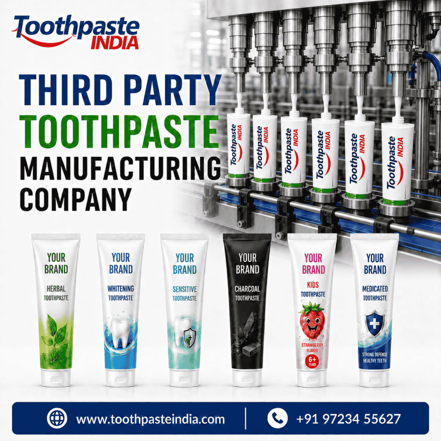 Third party toothpaste manufacturing company in India offering private label, OEM, custom formulation, low MOQ, and bulk toothpaste manufacturing support