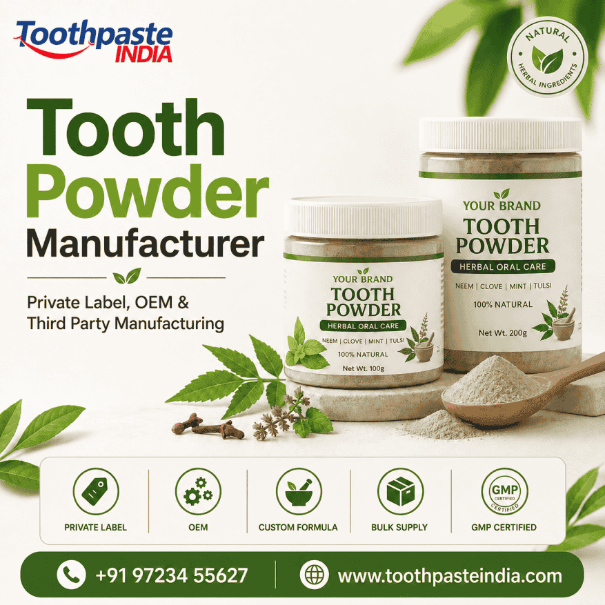 Tooth Powder Manufacturer Offering Private Label by Toothpaste India Tooth powder manufacturer in India by Toothpaste India offering private label tooth powder, ayurvedic tooth powder, herbal dental powder, teeth whitening powder, charcoal powder for teeth, organic tooth powder, custom packaging, and bulk supply