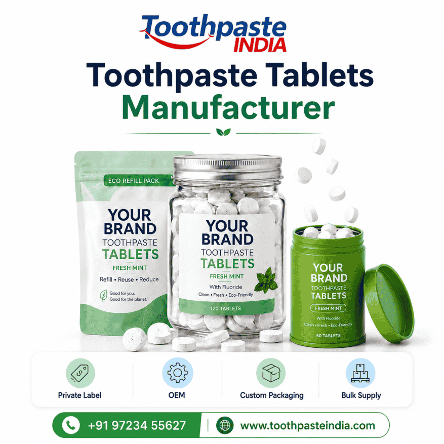 Toothpaste Tablets Manufacturer in India by Toothpaste India offering private label toothpaste tablets, custom packaging, OEM support, and bulk supply.