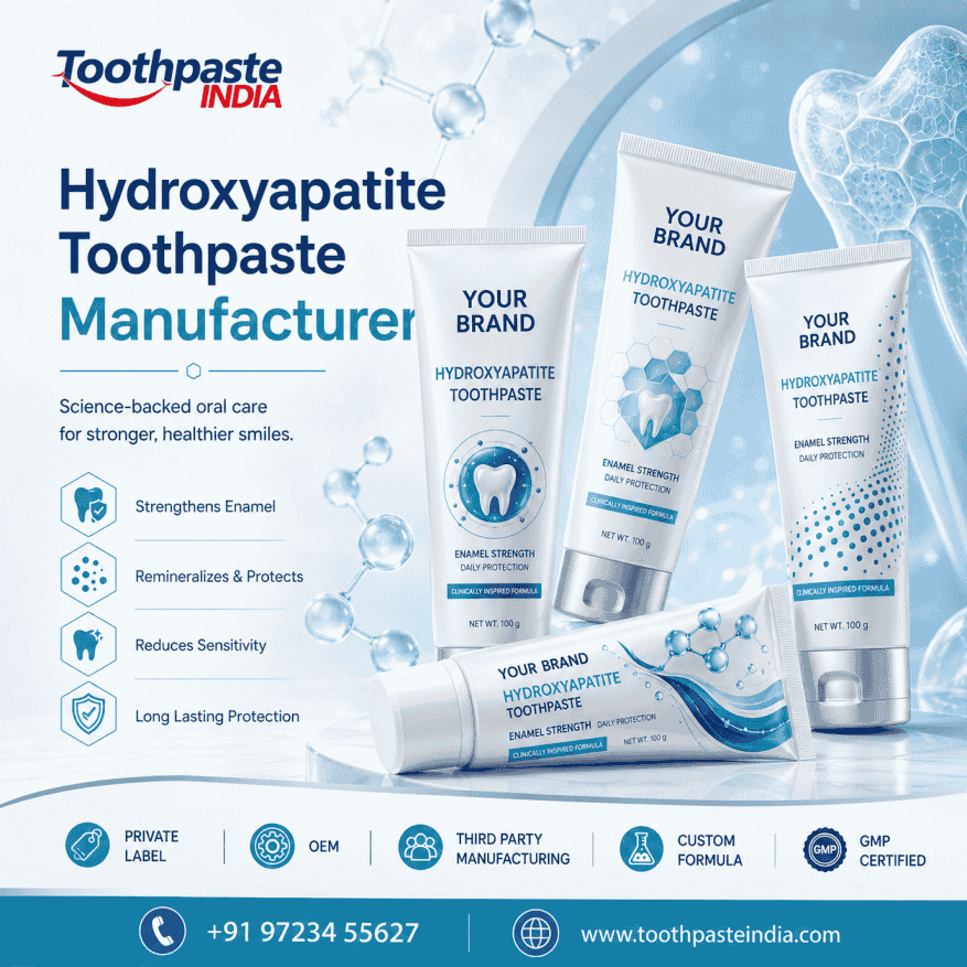 Hydroxyapatite toothpaste manufacturing enamel care toothpaste, private label branding, OEM support, third party manufacturing, and GMP-certified oral care by Toothpaste India.