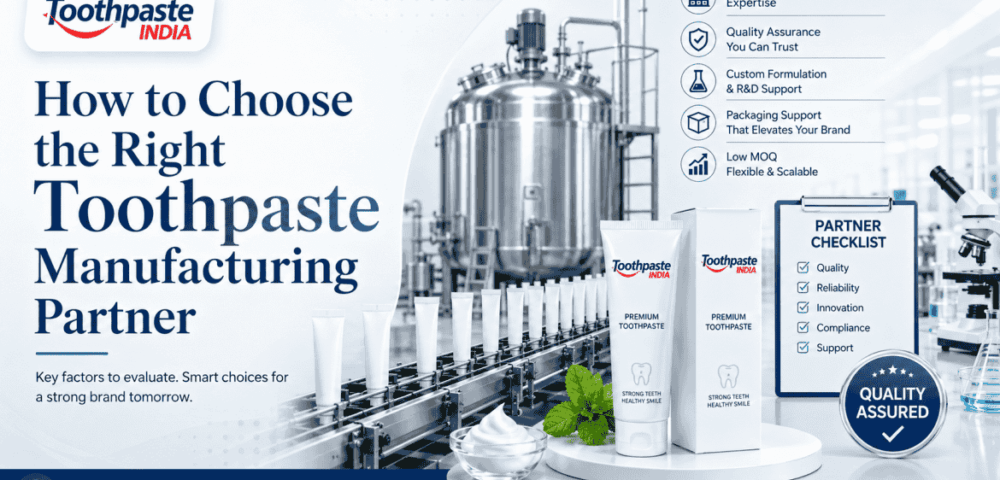 Toothpaste manufacturing partner image showing formulation, quality control, packaging and production support for oral care brands