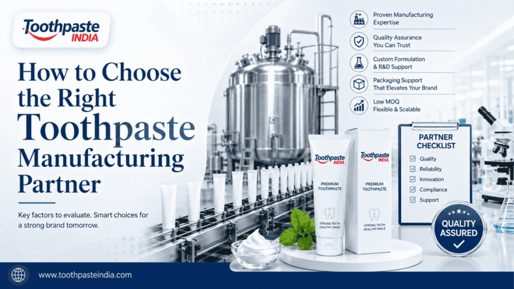 Toothpaste manufacturing partner image showing formulation, quality control, packaging and production support for oral care brands