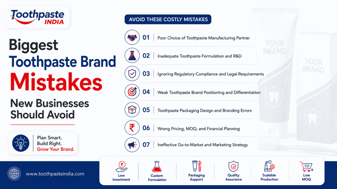 Biggest toothpaste brand mistakes including wrong manufacturing partner, weak formulation, compliance issues, packaging errors, pricing problems and poor marketing strategy.
