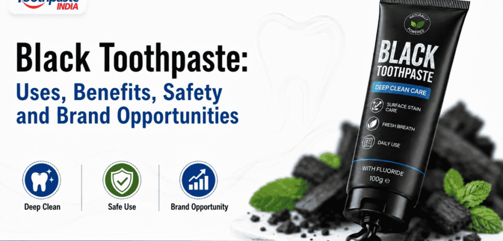 Black toothpaste by Toothpaste India charcoal toothpaste benefits, safety, deep clean care and brand opportunities.