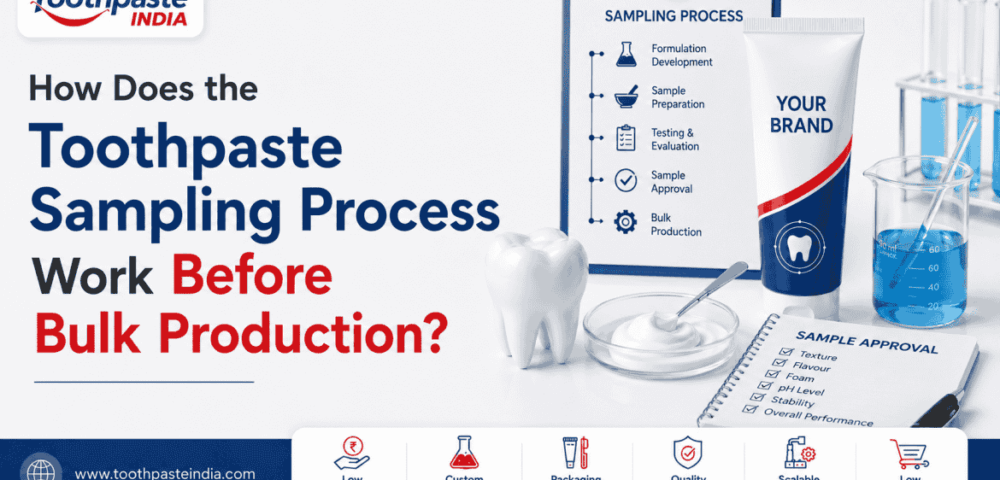 Toothpaste sampling process before bulk production in a manufacturing laboratory