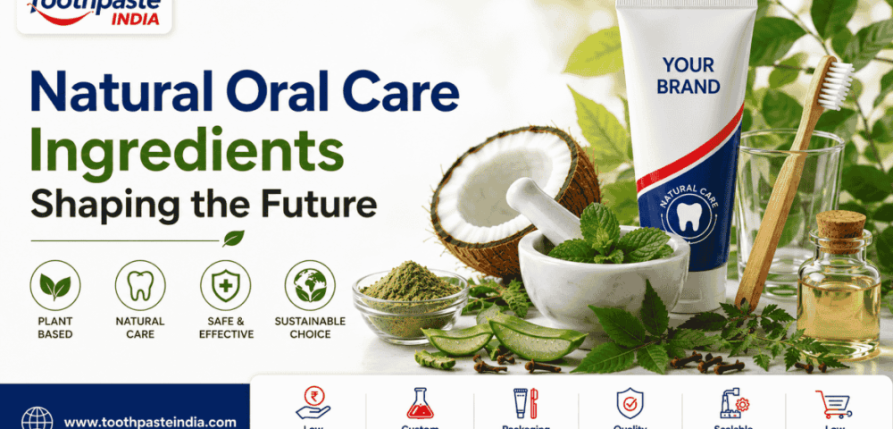 Natural oral care ingredients including neem, mint, aloe vera, coconut, clove and herbal extracts used in natural toothpaste formulation.