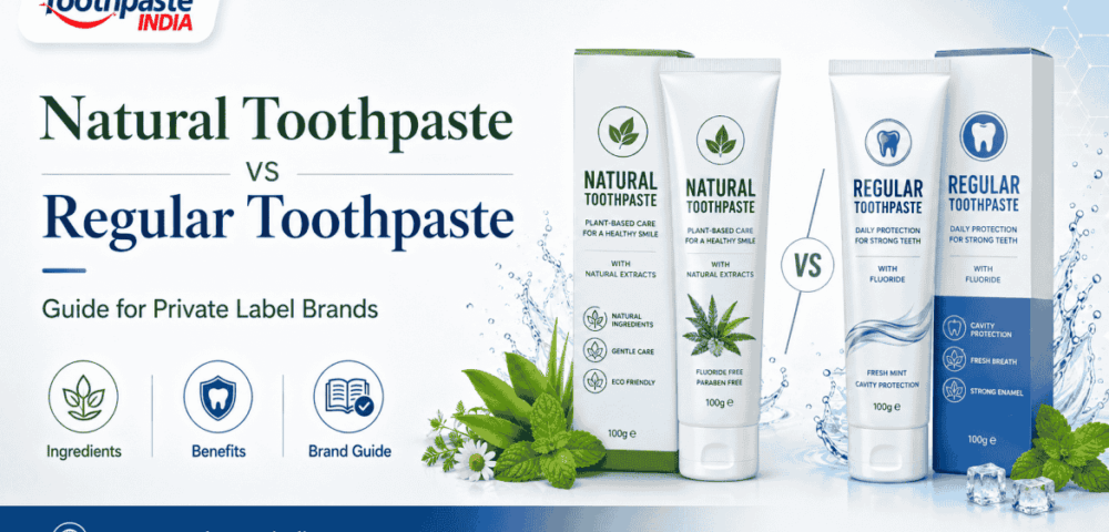 Natural toothpaste vs regular toothpaste comparison showing herbal ingredients, fluoride toothpaste and daily oral care benefits.