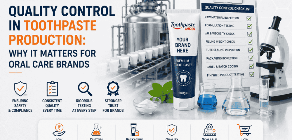Quality control in toothpaste production showing formulation testing, tube sealing, packaging inspection and finished product quality checks