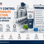 Quality control in toothpaste production showing formulation testing, tube sealing, packaging inspection and finished product quality checks