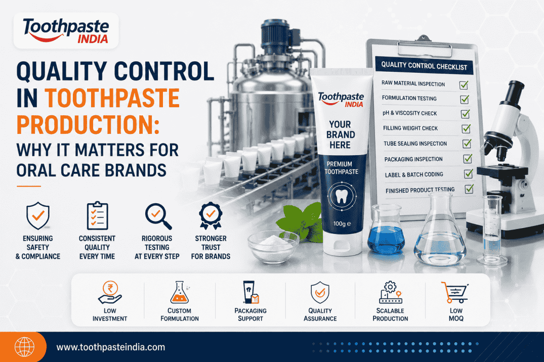 Quality control in toothpaste production showing formulation testing, tube sealing, packaging inspection and finished product quality checks