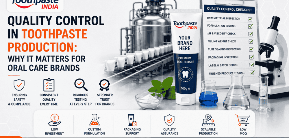 Quality control in toothpaste production showing formulation testing, tube sealing, packaging inspection and finished product quality checks