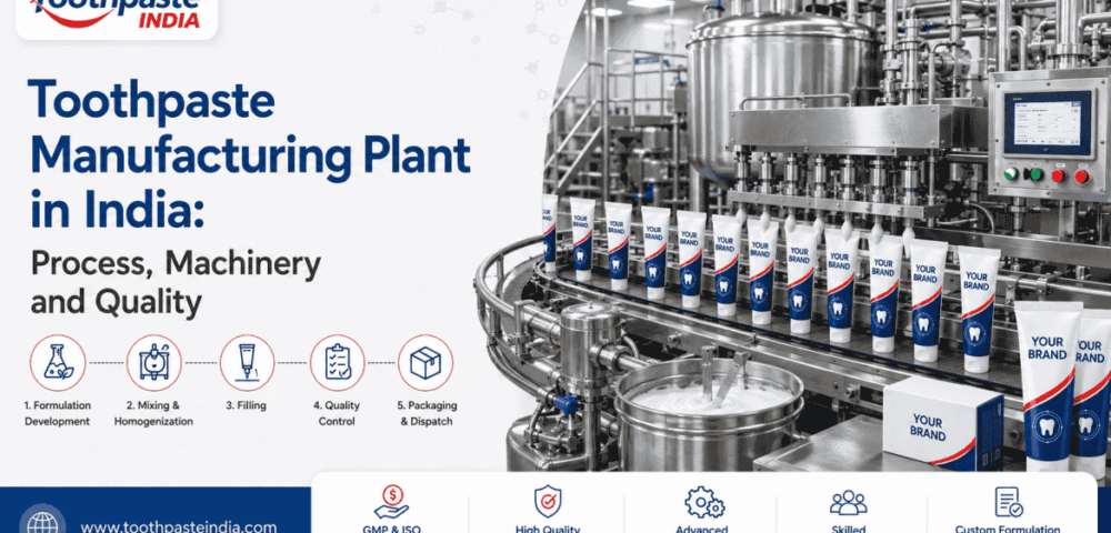 Toothpaste manufacturing plant in India showing mixing, filling, quality control and toothpaste packaging machinery